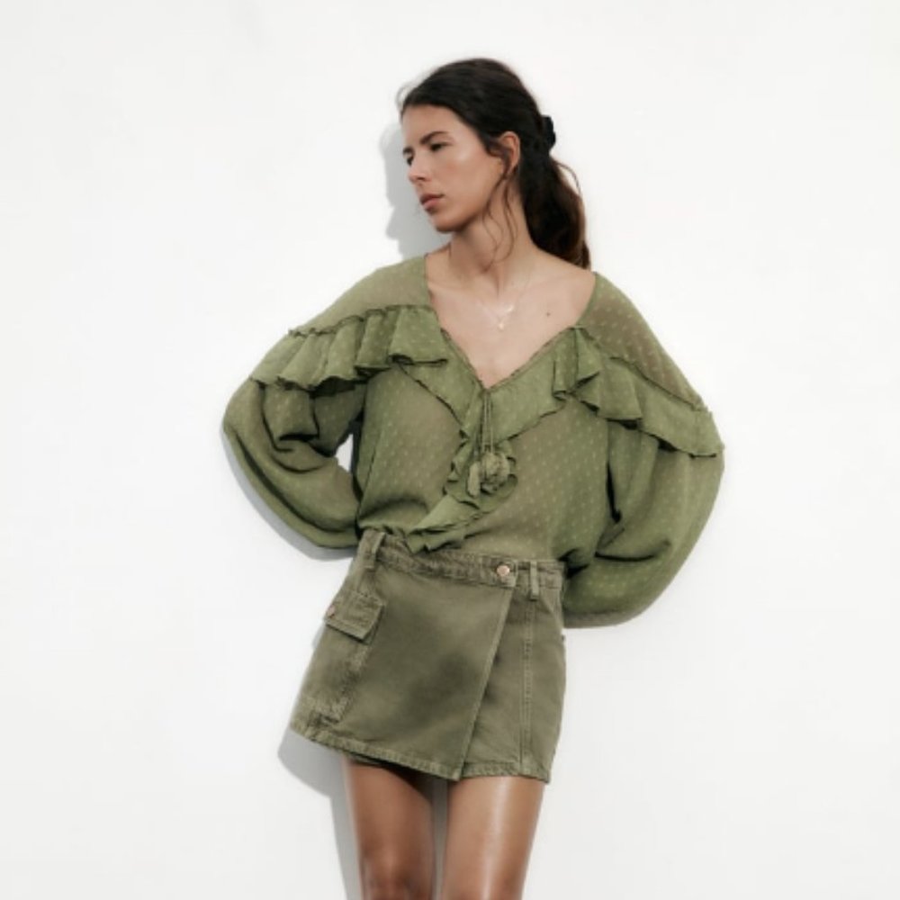 Zara- Swiss Dot Ruffled Blouse